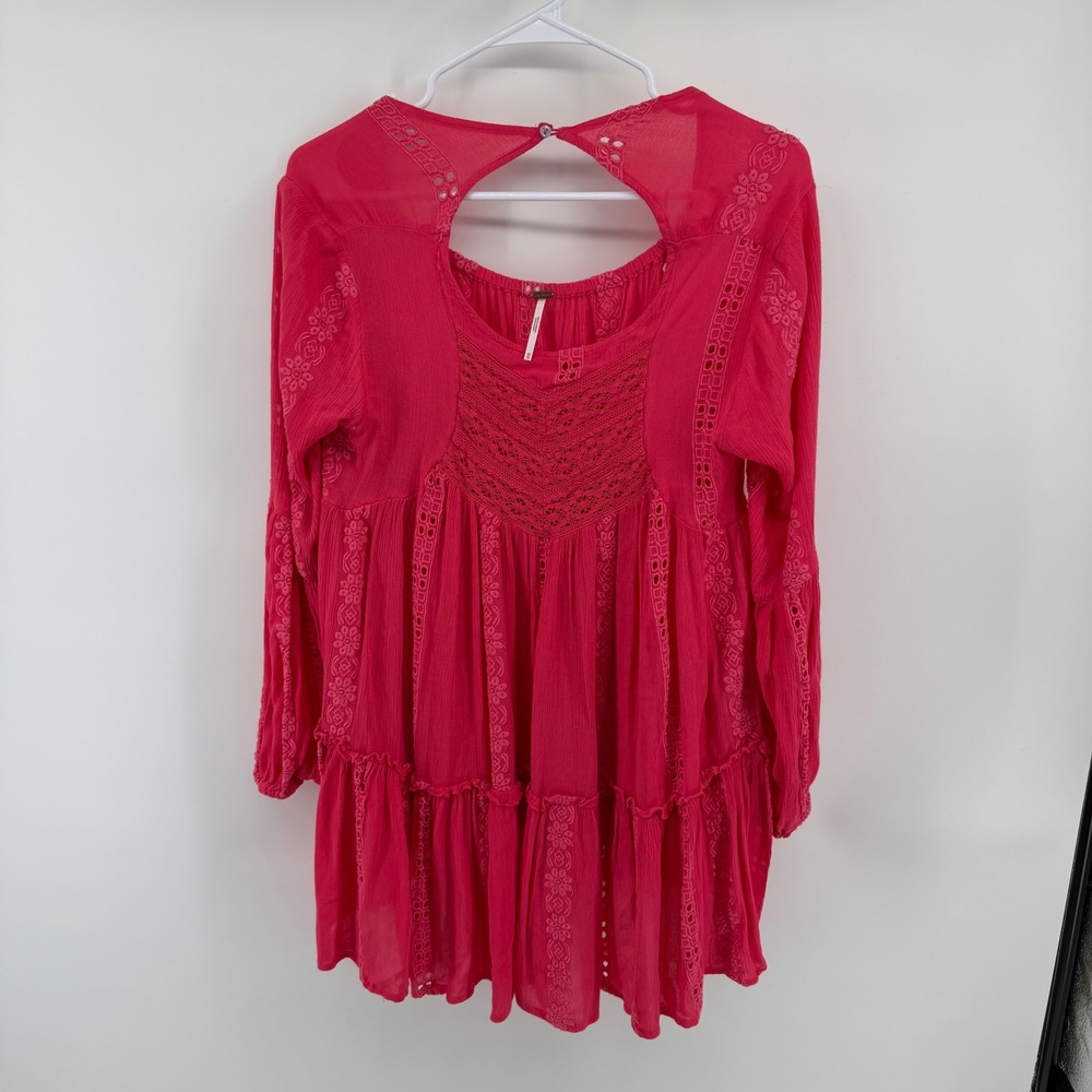 Free People Pink Eyelet Embroidered Tunic Top Open Back Babydoll XS OB920119